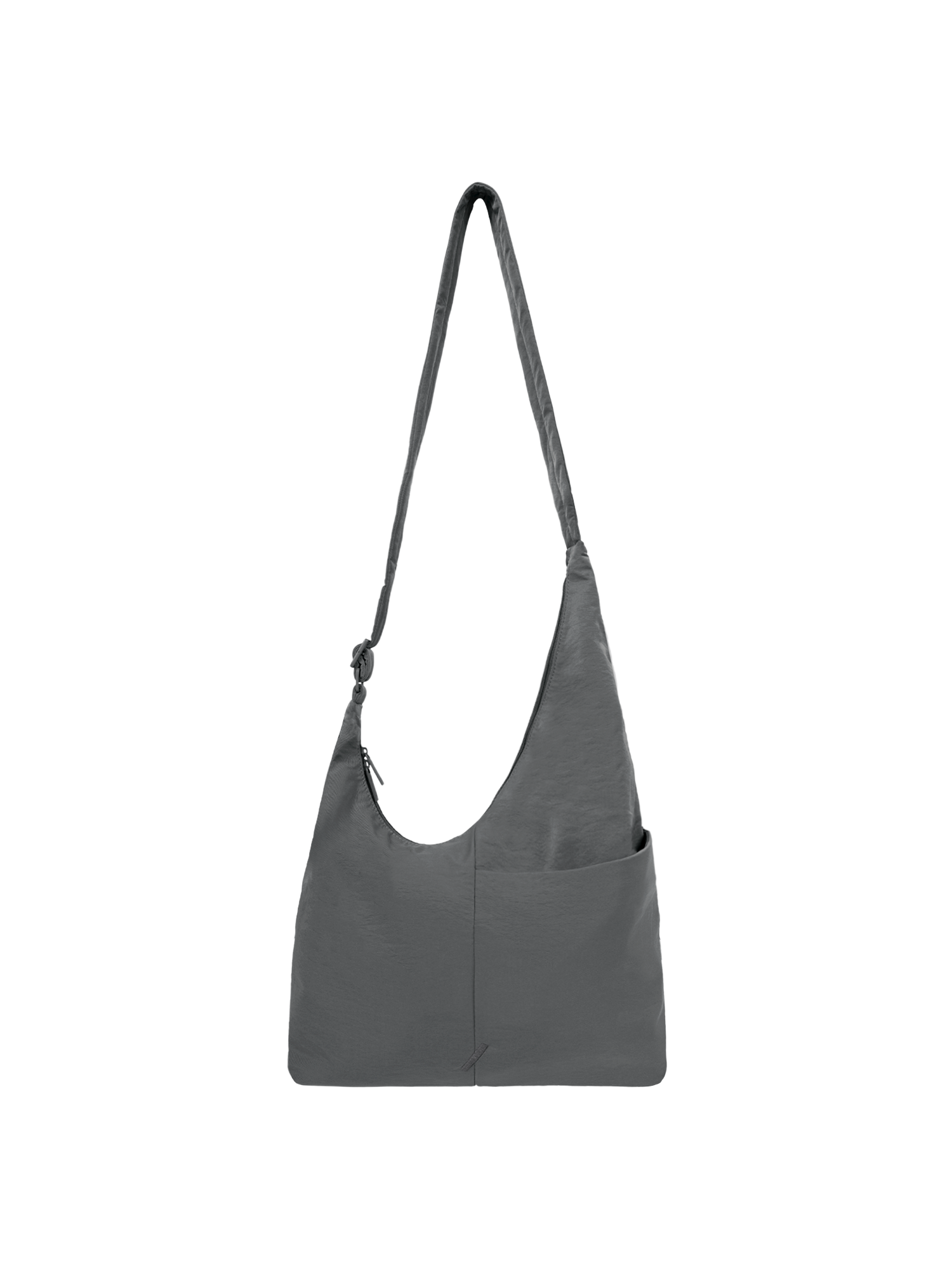 The Midi Arc slouchy hobo bag in dark grey nylon with adjustable strap for shoulder or crossbody wear