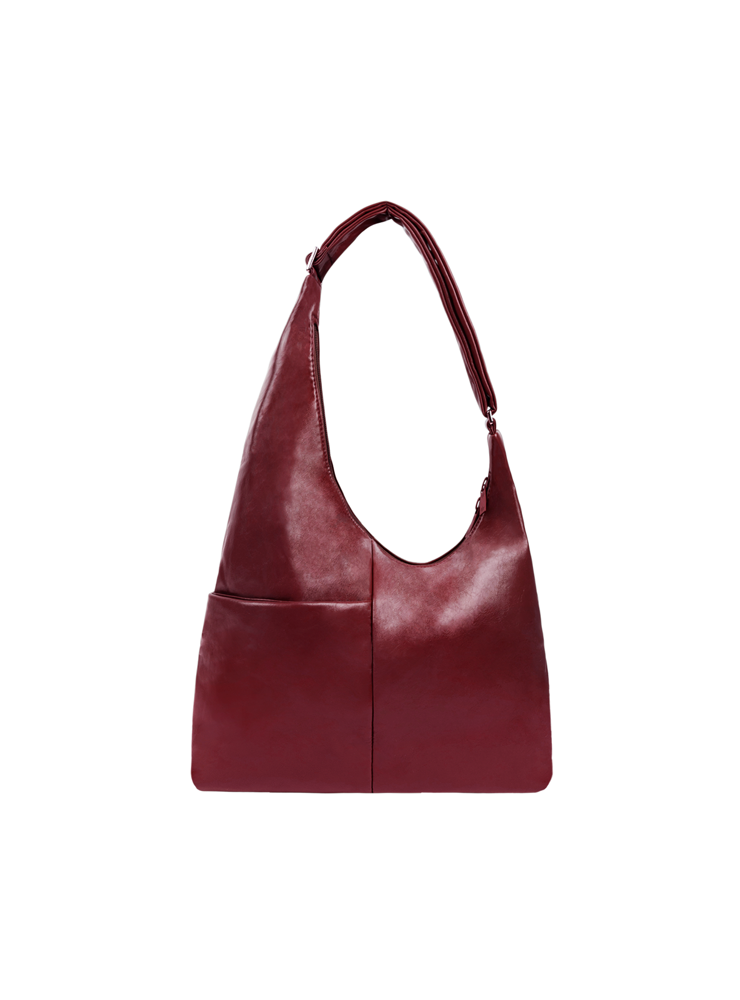 The Midi Arc slouchy hobo-style bag in wine red vegan leather with exterior pockets