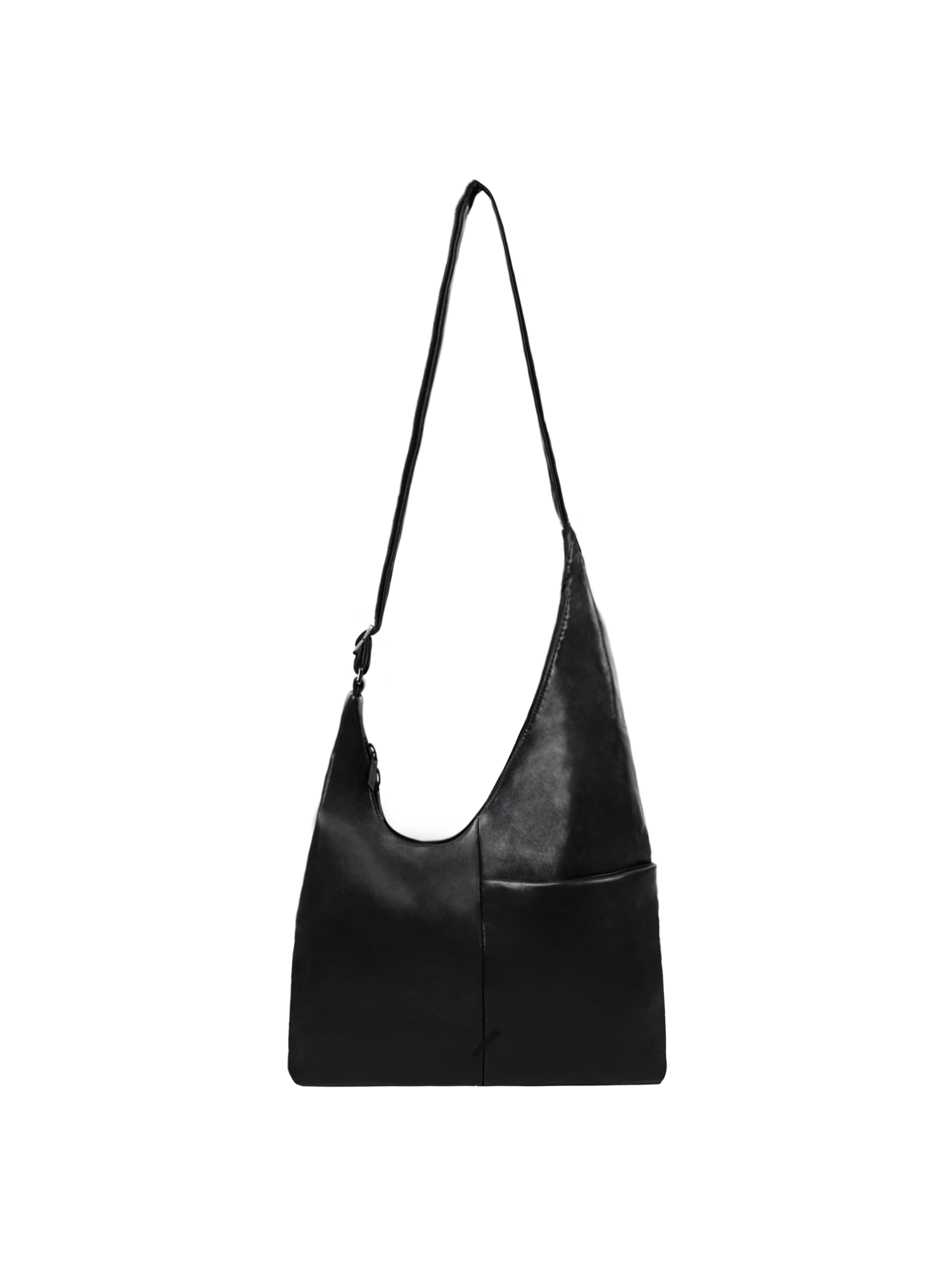 The Midi Arc slouchy hobo bag in matte black vegan leather with adjustable strap for shoulder or crossbody wear